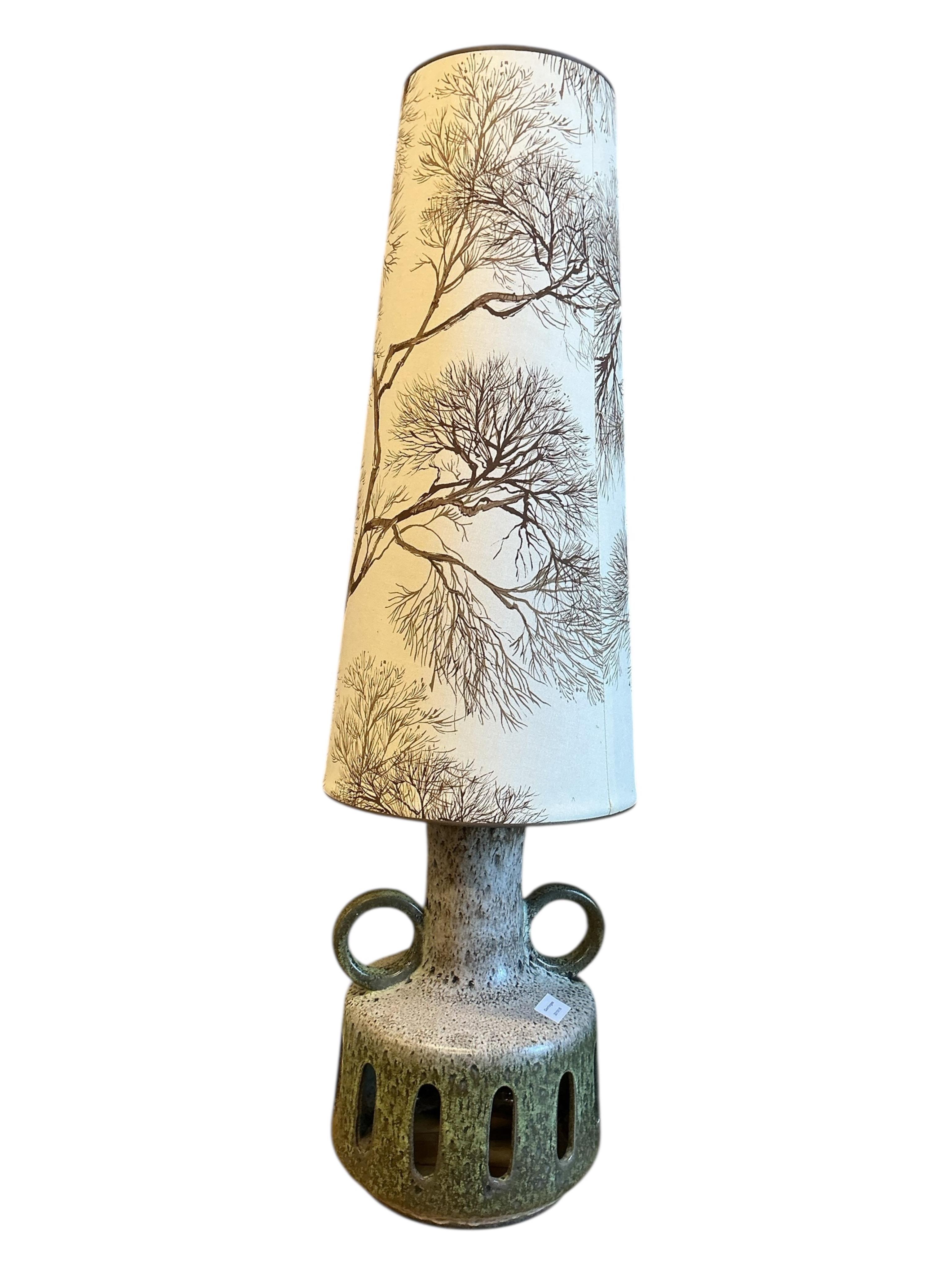 A mid century German pottery table lamp, height including shade 126cm